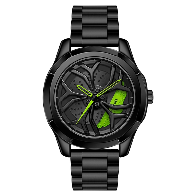 SANDA 1065 3D Hollow Out Wheel Non-rotatable Dial Quartz Watch for Men, Style:Steel Belt(Black Green)