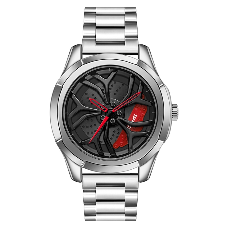 SANDA 1065 3D Hollow Out Wheel Non-rotatable Dial Quartz Watch for Men, Style:Steel Belt(Silver Red)