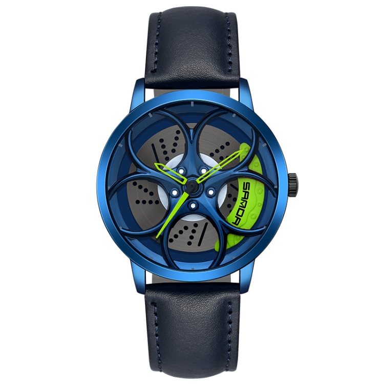 SANDA 1070 3D Oval Hollow Out Wheel Non-rotatable Dial Quartz Watch for Men, Style:Leather Belt(Blue Green)