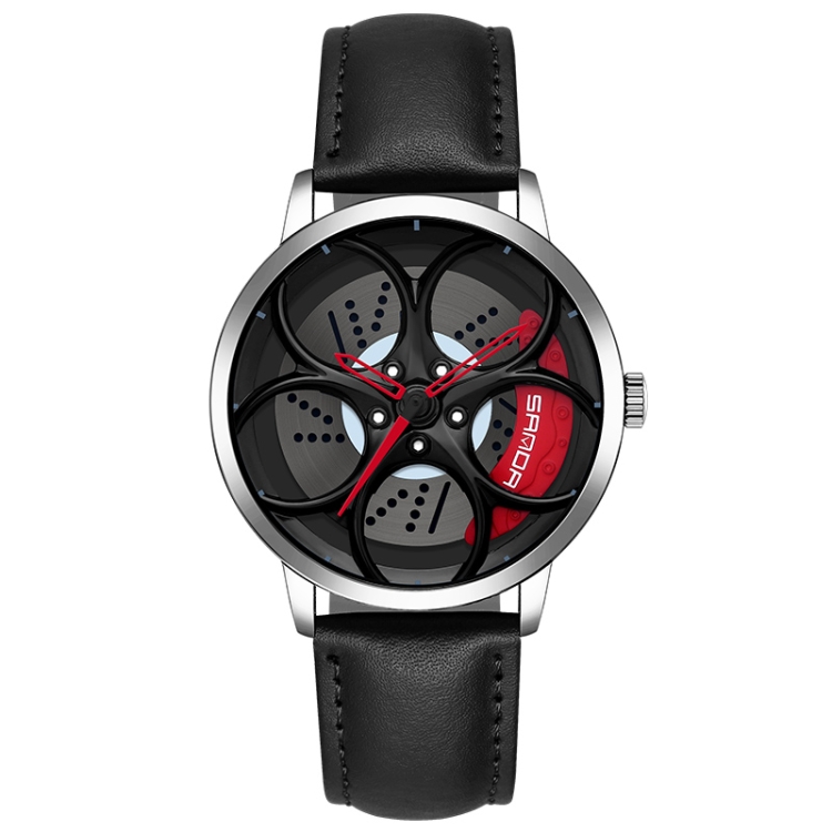 SANDA 1070 3D Oval Hollow Out Wheel Non-rotatable Dial Quartz Watch for Men, Style:Leather Belt(Silver Red)
