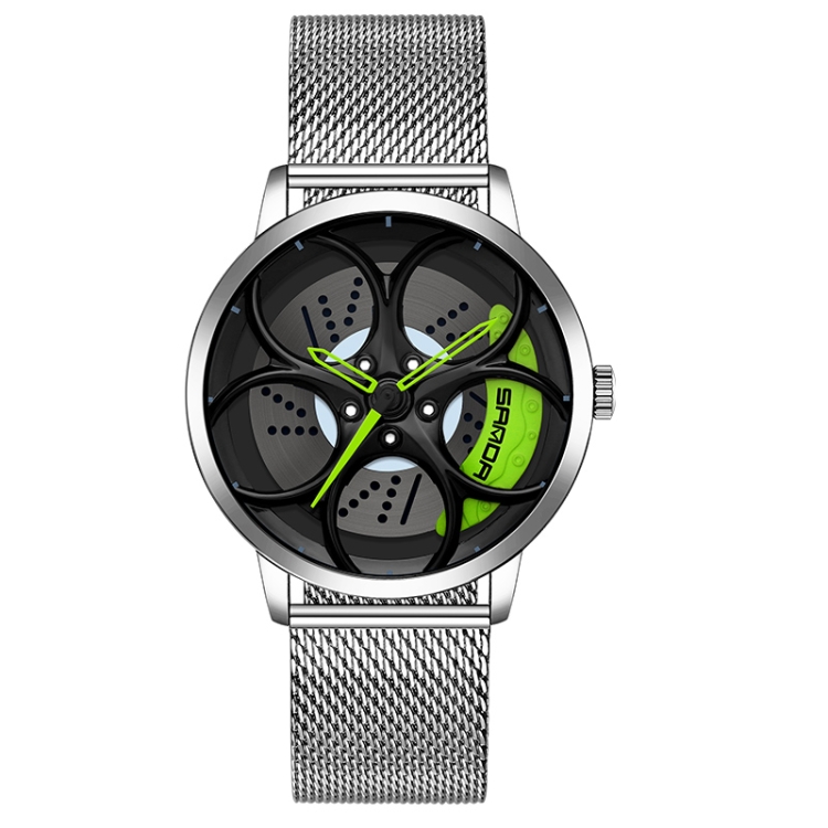 SANDA 1070 3D Oval Hollow Out Wheel Non-rotatable Dial Quartz Watch for Men, Style:Mesh Belt(Silver Green)
