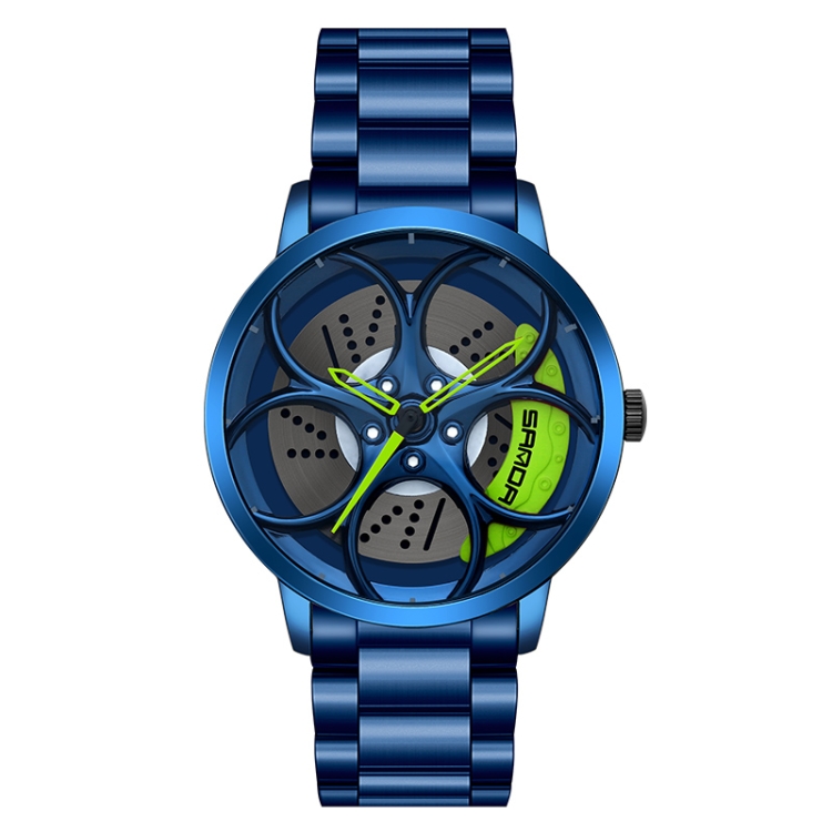 SANDA 1070 3D Oval Hollow Out Wheel Non-rotatable Dial Quartz Watch for Men, Style:Steel Belt(Blue Green)