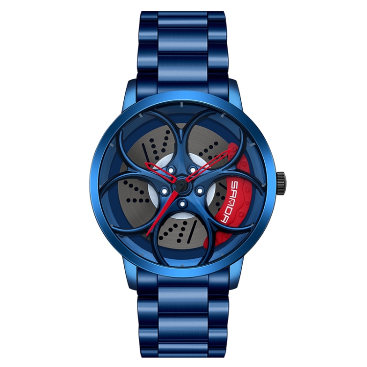 SANDA 1070 3D Oval Hollow Out Wheel Non-rotatable Dial Quartz Watch for Men, Style:Steel Belt(Blue Red)