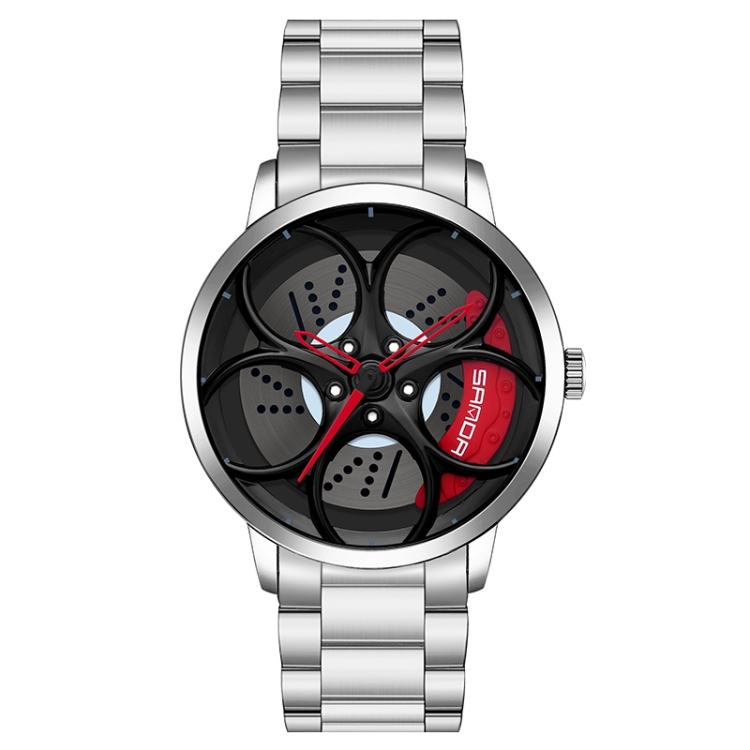 SANDA 1070 3D Oval Hollow Out Wheel Non-rotatable Dial Quartz Watch for Men, Style:Steel Belt(Silver Red)