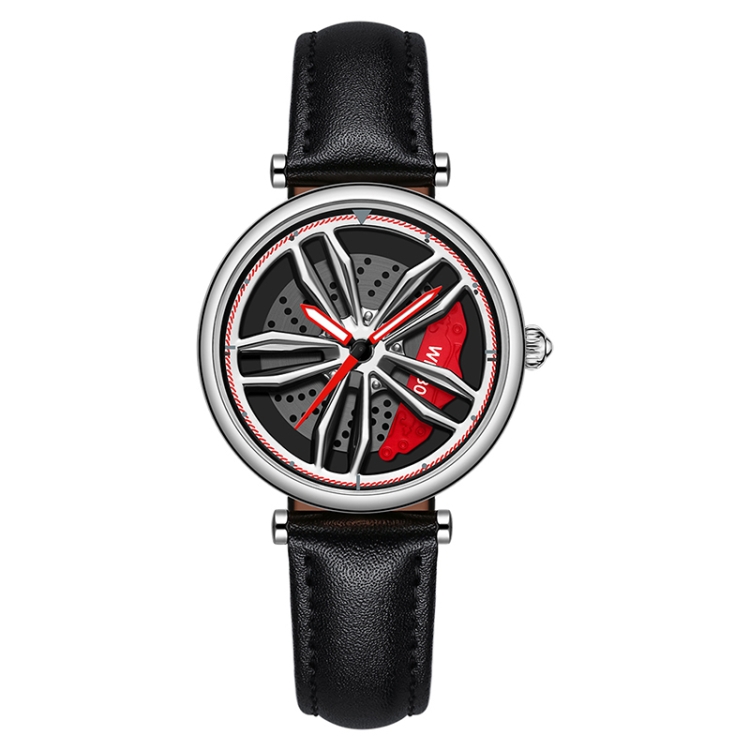 SANDA 1074 3D Hollow Out Wheel Non-rotatable Dial Quartz Watch for Women, Style:Leather Belt(Silver Red)