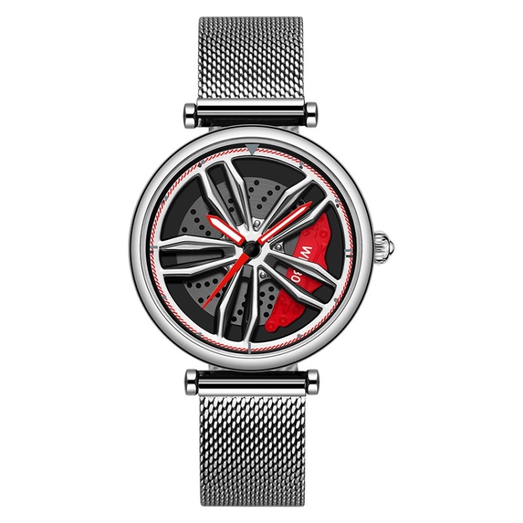SANDA 1074 3D Hollow Out Wheel Non-rotatable Dial Quartz Watch for Women, Style:Mesh Belt(Silver Red)