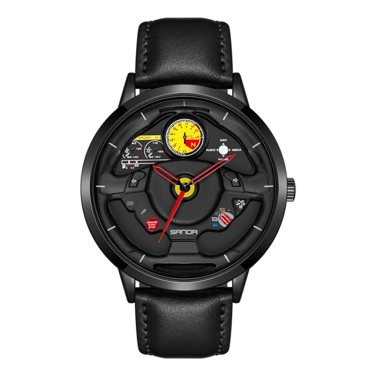SANDA 1085 Steering Wheel Hollow Dial Waterproof Quartz Watch, Style:Leather Band(Black)
