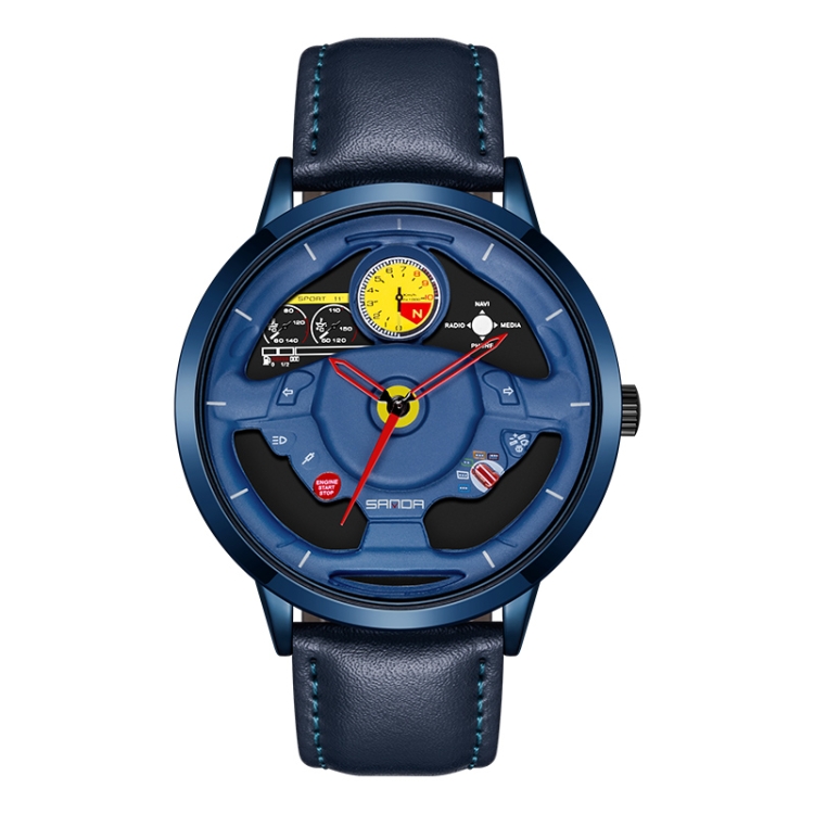 SANDA 1085 Steering Wheel Hollow Dial Waterproof Quartz Watch, Style:Leather Band(Blue)