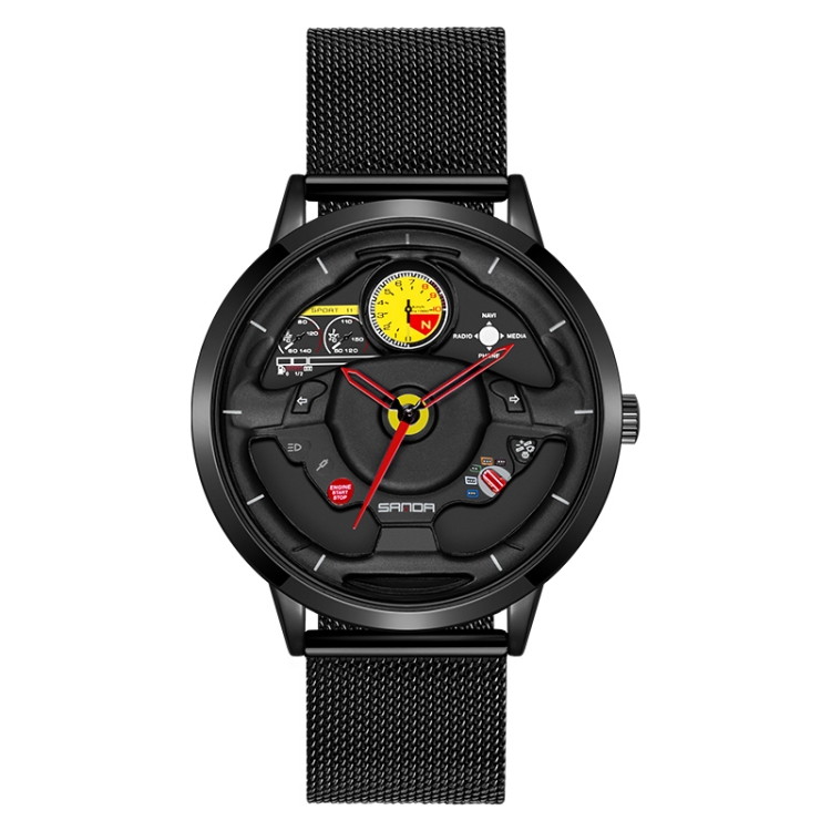 SANDA 1085 Steering Wheel Hollow Dial Waterproof Quartz Watch, Style:Mesh Band(Black)