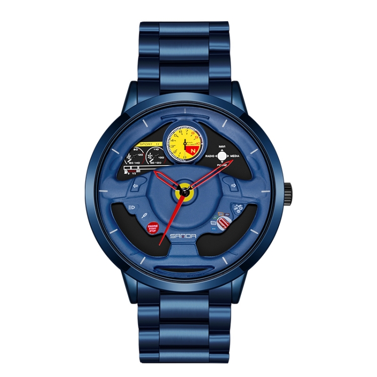 SANDA 1085 Steering Wheel Hollow Dial Waterproof Quartz Watch, Style:Steel Band(Blue)