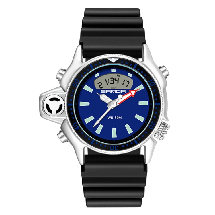 SANDA 3008 Multifunctional Men Outdoor Sports Noctilucent 50m Waterproof Digital Wrist Watch (Black Blue)