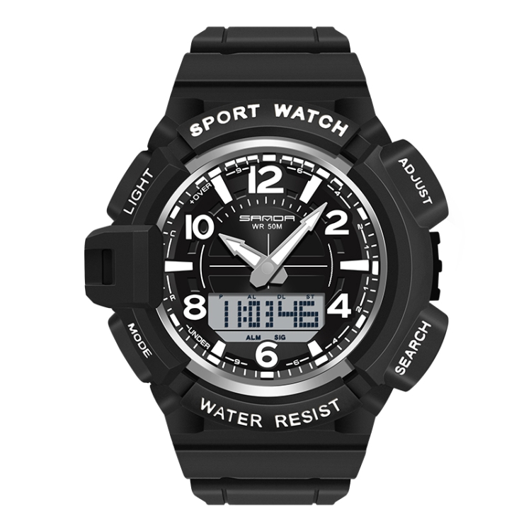 SANDA 3101 Dual Time Dispay Dial Luminous Timer Alarm Clock Electronic Watch for Men(Black White)