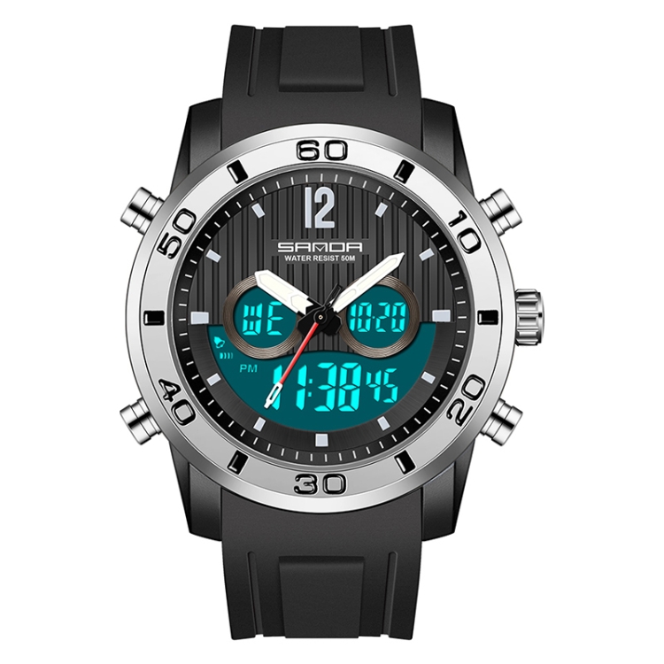 SANDA 3106 Dual Digital Display Men Outdoor Sports Luminous Shockproof Electronic Watch(Black Silver)