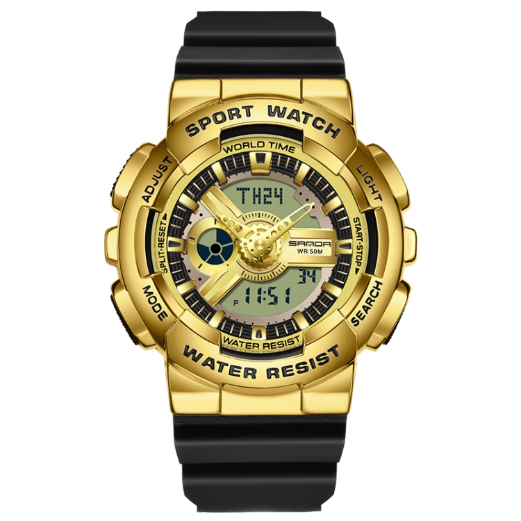 SANDA 3137 TPU Strap Luminous Waterproof Dual Display Electronic Watch(Black Gold)