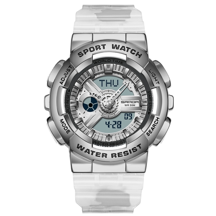 SANDA 3137 TPU Strap Luminous Waterproof Dual Display Electronic Watch(Transparent Silver)