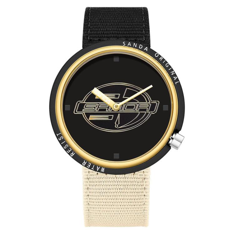 SANDA 3202 Slim Silent 3ATM Waterproof Student Watch with Nylon Strap(Black-Gold Case / Black-Beige)