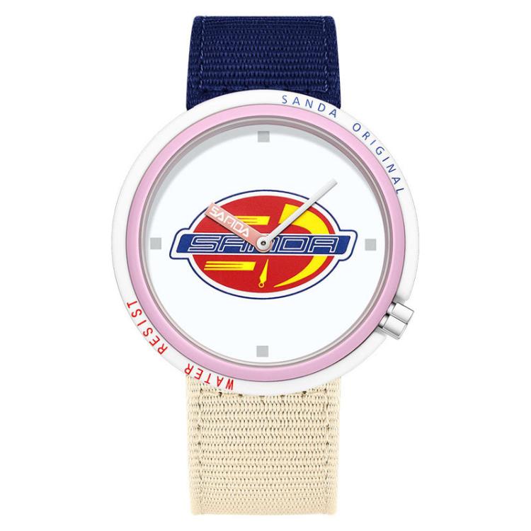SANDA 3202 Slim Silent 3ATM Waterproof Student Watch with Nylon Strap(Pink Case / Blue-Beige)