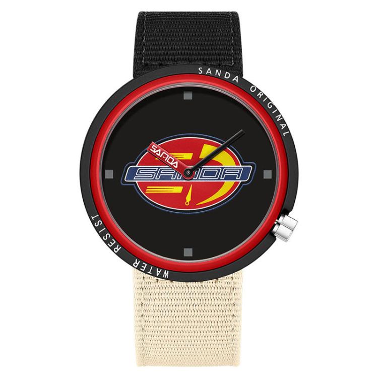 SANDA 3202 Slim Silent 3ATM Waterproof Student Watch with Nylon Strap(Red Case / Black-Beige)