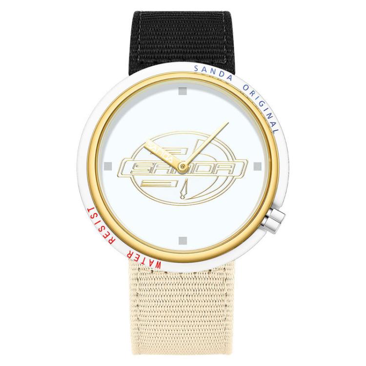 SANDA 3202 Slim Silent 3ATM Waterproof Student Watch with Nylon Strap(White-Gold Case / Black-Beige)