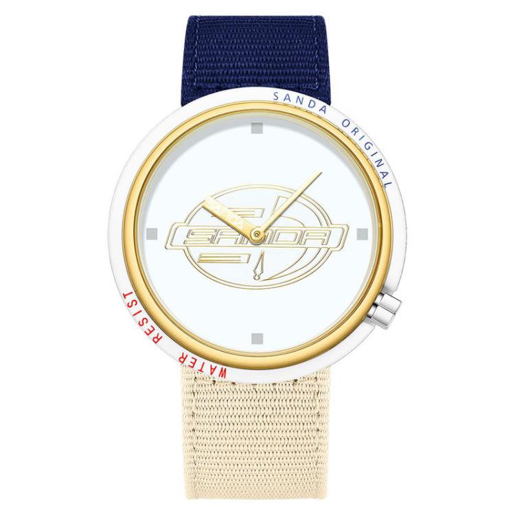 SANDA 3202 Slim Silent 3ATM Waterproof Student Watch with Nylon Strap(White-Gold Case / Blue-Beige)