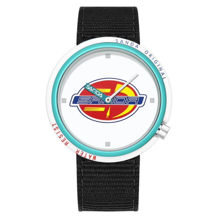 SANDA 3202 Slim Silent 3ATM Waterproof Student Watch with Nylon Strap(White-Green Case)