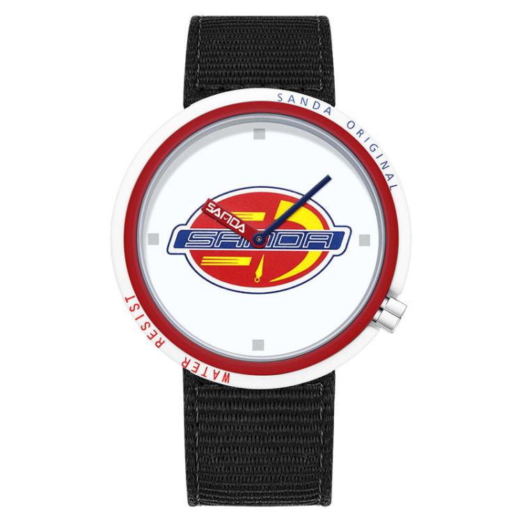 SANDA 3202 Slim Silent 3ATM Waterproof Student Watch with Nylon Strap(White-Red Case)
