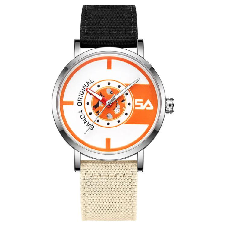 SANDA 3217 Preppy Style 5ATM Waterproof Student Watch with Nylon Strap(Black-Beige Strap / Silver-Orange)