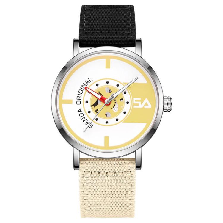 SANDA 3217 Preppy Style 5ATM Waterproof Student Watch with Nylon Strap(Black-Beige Strap / Silver-Yellow)