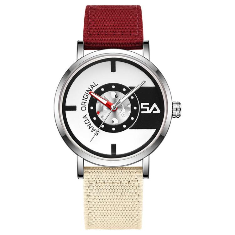 SANDA 3217 Preppy Style 5ATM Waterproof Student Watch with Nylon Strap(Red-Beige Strap / Silver-Black)