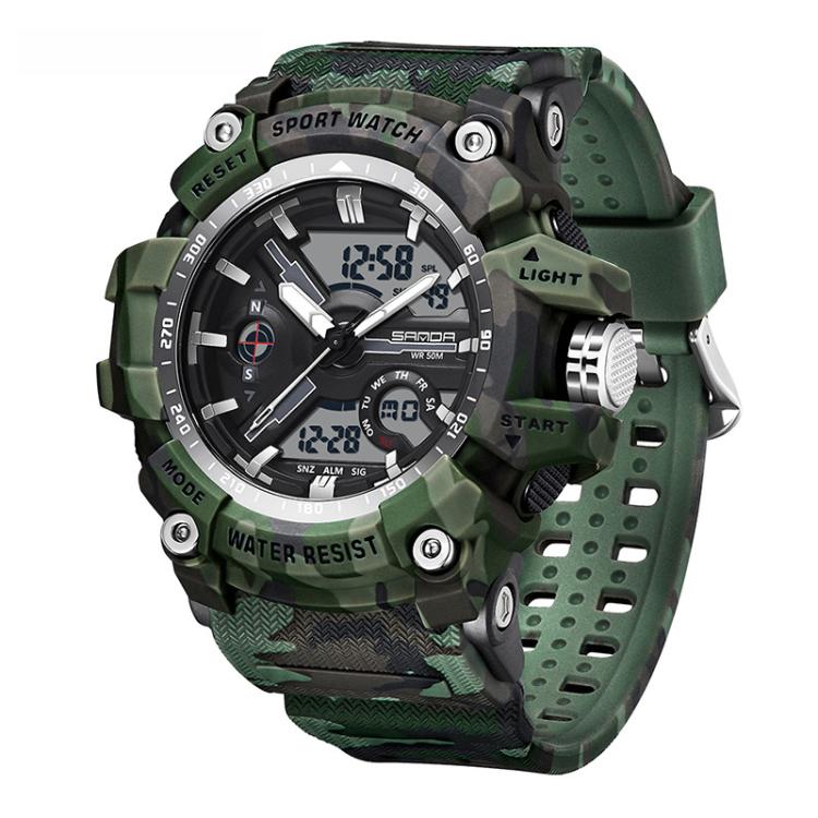 SANDA 3355 Camouflage Multifunction Watch Alarm Clock Waterproof Electronic Watch, Color: Green White