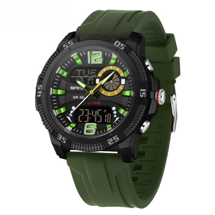 SANDA 3372 Dual Display Chronograph Alarm Clock Electronic Watch Outdoor Waterproof Luminous Sports Watch, Color: Army Green