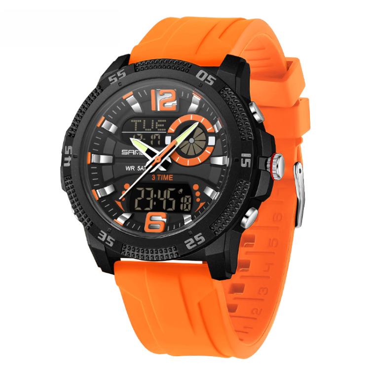 SANDA 3372 Dual Display Chronograph Alarm Clock Electronic Watch Outdoor Waterproof Luminous Sports Watch, Color: Orange