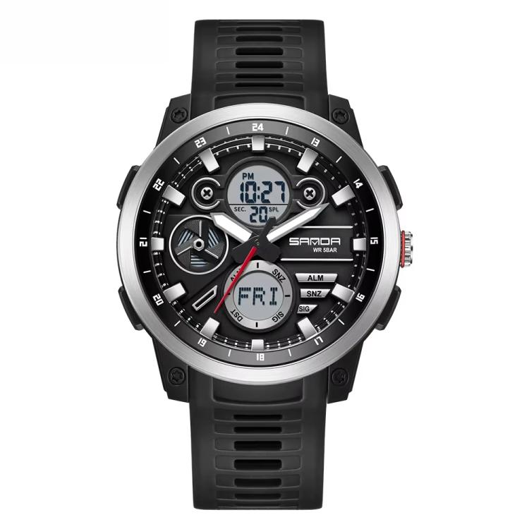 SANDA 3379 Sport Waterproof Alarm Clock Reminder Electronic Watch(Black Silver)