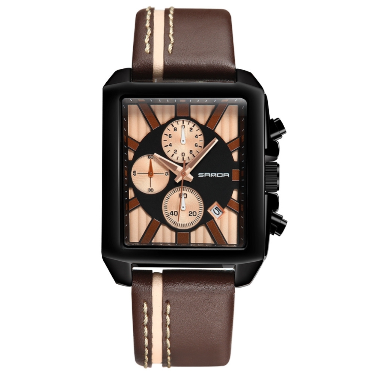 SANDA 5003 Three Eye Watch Six Pin Multi Purpose Sport Men Watch Leather Watch Student Waterproof Quartz Watch(Khaki)