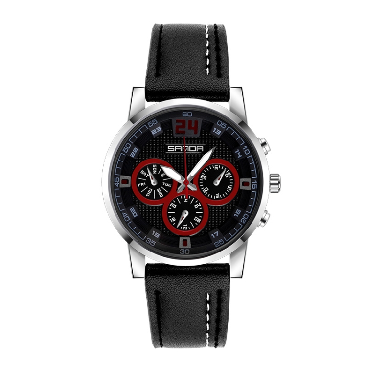 SANDA 5009 Business Fashion Three Eye Six Needle Casual Leather Waterproof Men Quartz Watch(Black Silver)