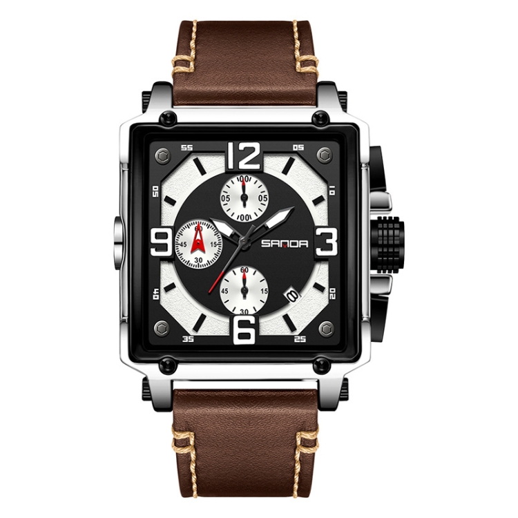 SANDA 5304 Quartz Men Watch Three Eyes Six Stitches Simple Calendar Waterproof Waist Watch(Belt Coffee)