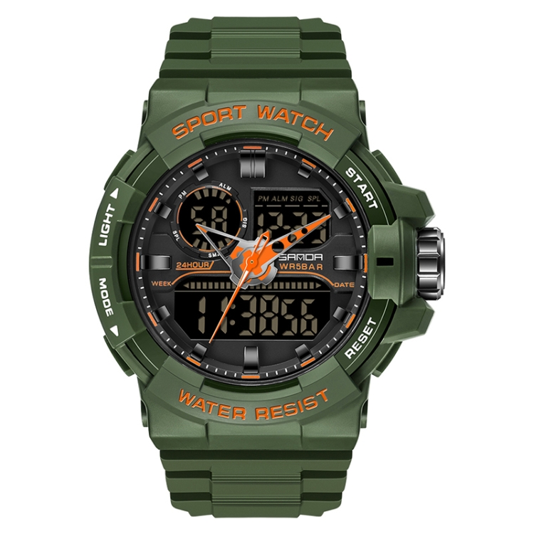 SANDA 6025 Dual Time Digital Display Luminous Calendar Waterproof Multifunctional Men Sports Quartz Watch(Army Green)