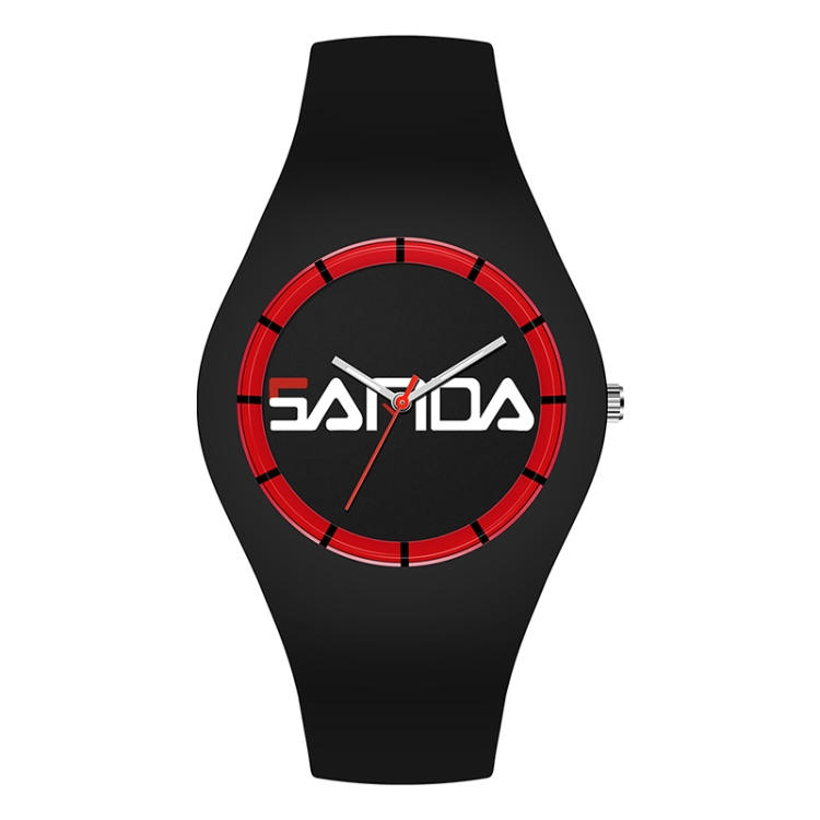 SANDA 6076 Simple Scale Round Dial Ladies Silicone Strap Quartz Watch(Black Red Horizontal Mark)