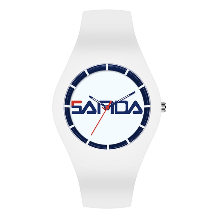 SANDA 6076 Simple Scale Round Dial Ladies Silicone Strap Quartz Watch(White Blue Horizontal Mark)