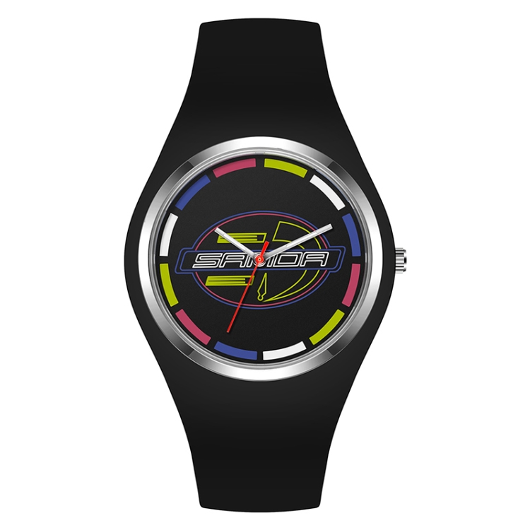 SANDA 6077 Simple Icon Round Dial Ladies Silicone Strap Quartz Watch(Black)