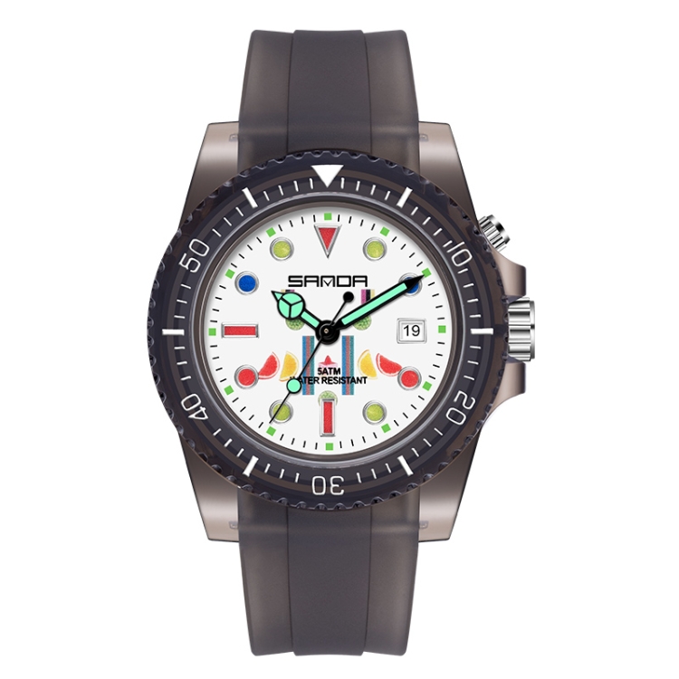 SANDA 6078 Fluorescent Calendar Dial Transparent Strap Quartz Watch for Women(Transparent Black Belt White Surface)