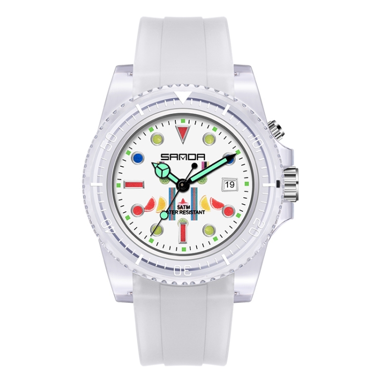 SANDA 6078 Fluorescent Calendar Dial Transparent Strap Quartz Watch for Women(Transparent White)