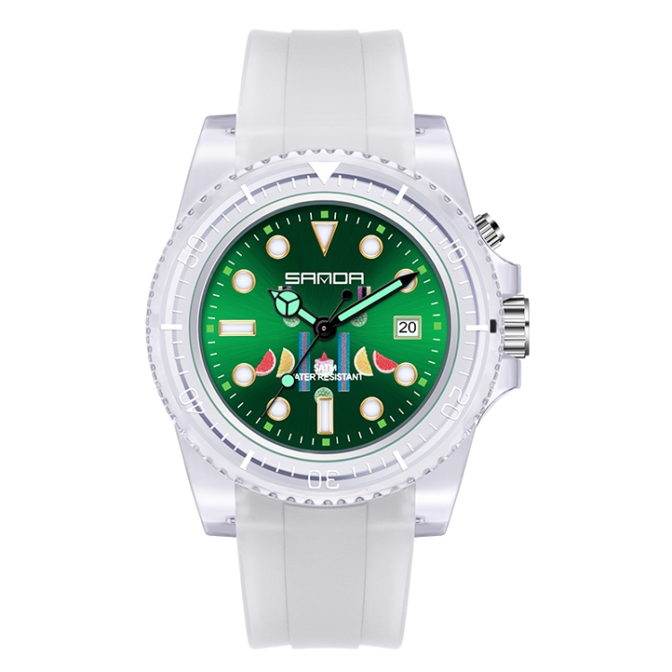 SANDA 6078 Fluorescent Calendar Dial Transparent Strap Quartz Watch for Women(Transparent White Belt Green Surface)