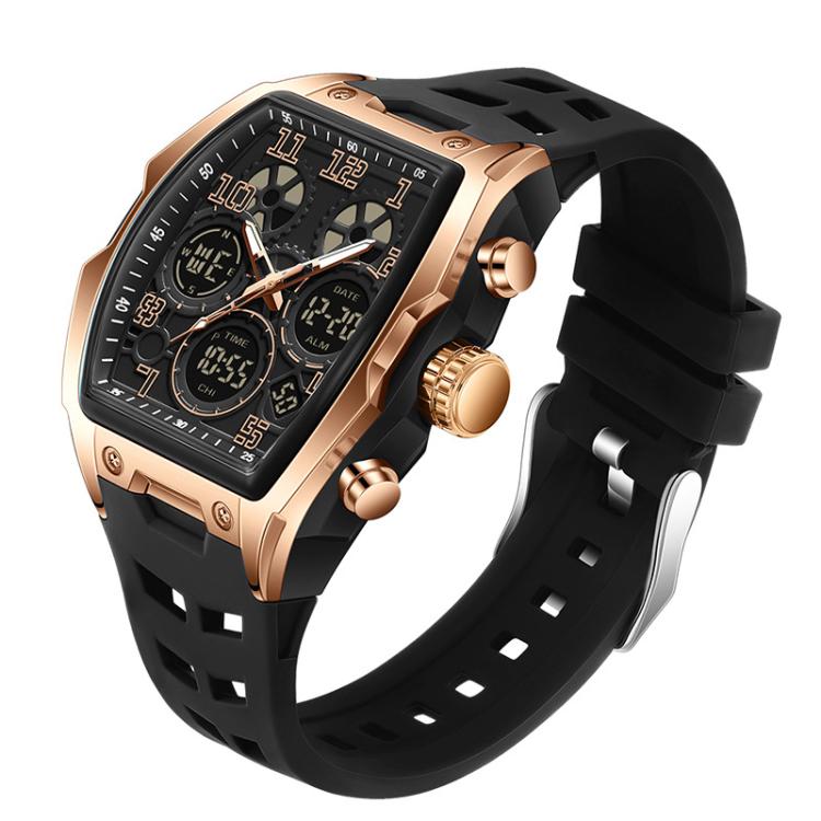 SANDA 6266 Tonneau Curved Mirror Electronic Watch Alarm Clock Chronograph Waterproof Sports Watch, Color: Black Rose Gold