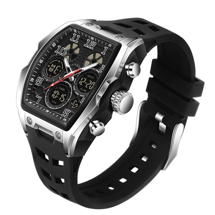 SANDA 6266 Tonneau Curved Mirror Electronic Watch Alarm Clock Chronograph Waterproof Sports Watch, Color: Black Silver
