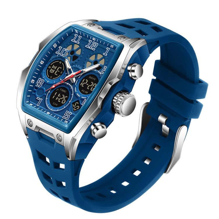 SANDA 6266 Tonneau Curved Mirror Electronic Watch Alarm Clock Chronograph Waterproof Sports Watch, Color: Blue Silver