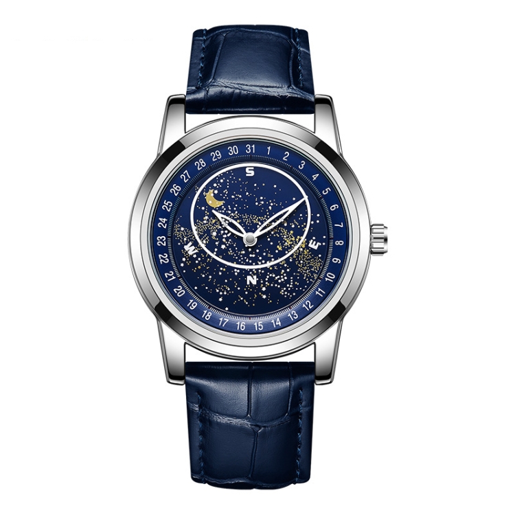 SANDA 7001 Leather Strap Luminous Waterproof Mechanical Watch(Silver Blue)