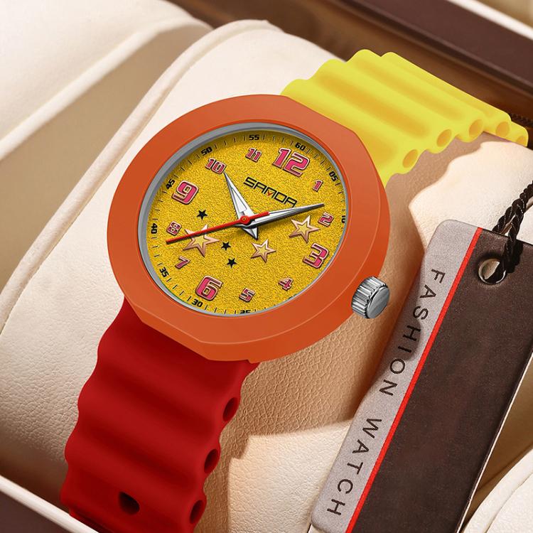 SANDA 9123 3ATM Water-Resistant Luminous Stylish Student Watch(Yellow Red)