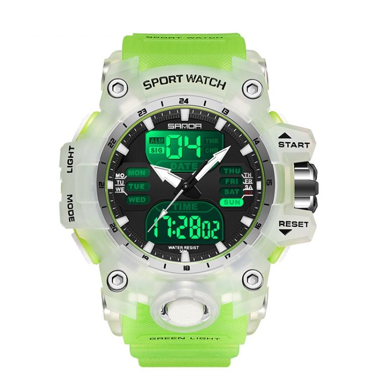 SANDA Green Light Alarm Clock Multifunctional Waterproof Shockproof Transparent Watch(Transparent Green)
