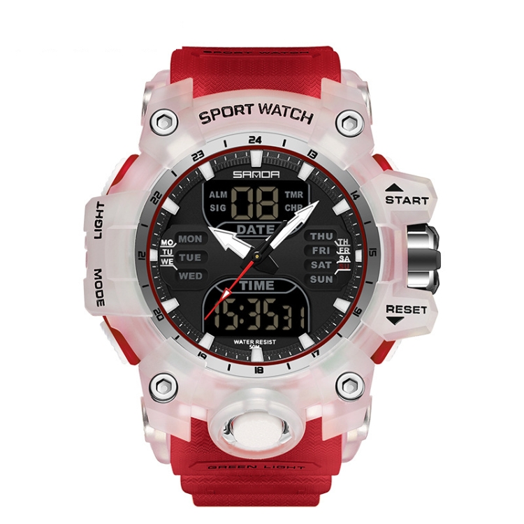 SANDA Green Light Alarm Clock Multifunctional Waterproof Shockproof Transparent Watch(Transparent Red)